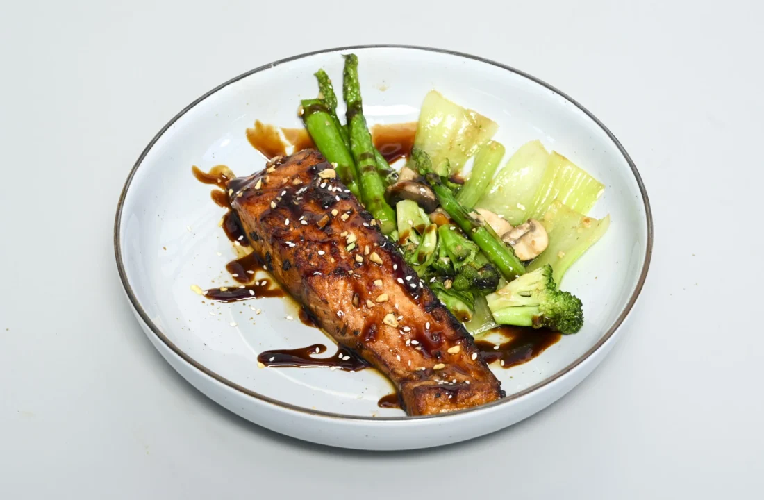 Teriyaki salmon with asparagus at Nouba, Jaipur