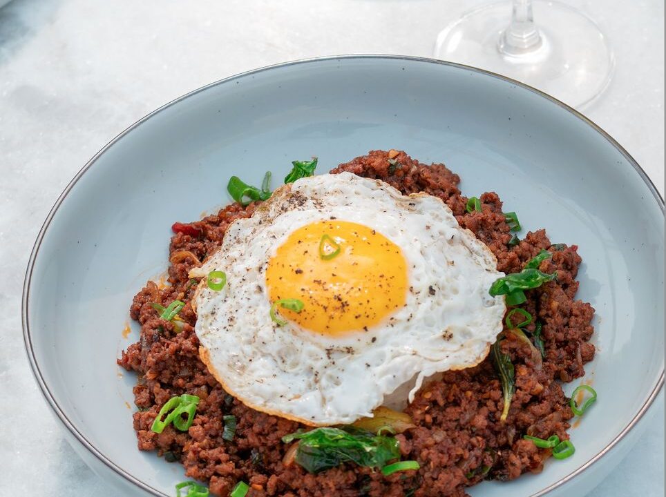 Minced keema with a fried egg on top at Nouba Restaurant and Rooftop Lounge, C-Scheme Jaipur