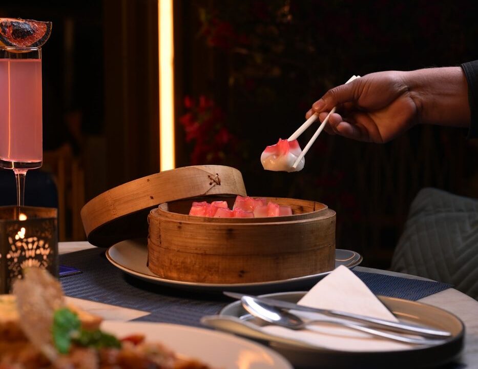 A dumpling lifted from a bamboo steamer at Nouba Restaurant and Rooftop Lounge, C-Scheme Jaipur