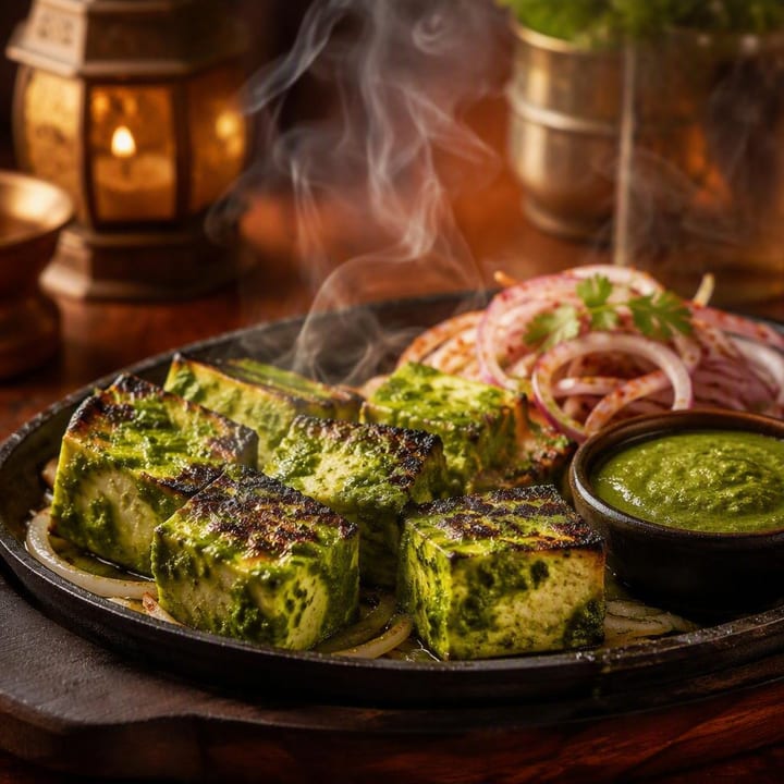 Plate of grilled paneer cubes with green marinade on sizzler, mint chutney side, at Nouba Restaurant and Rooftop Lounge, C-Scheme Jaipur