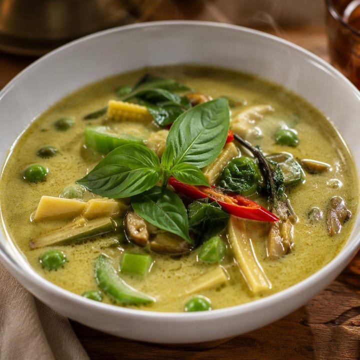 Steaming bowl of green Thai curry with vegetables and herbs at Nouba Restaurant and Rooftop Lounge, C-Scheme Jaipur