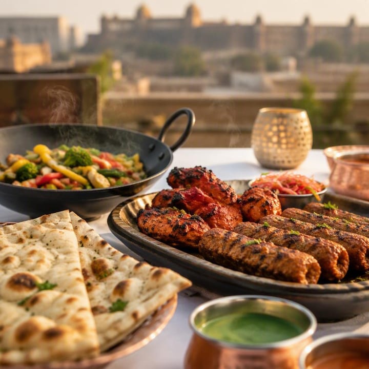 Sharing plates of tandoori kebabs naan and wok vegetables on a table at Nouba Restaurant and Rooftop Lounge, C-Scheme Jaipur