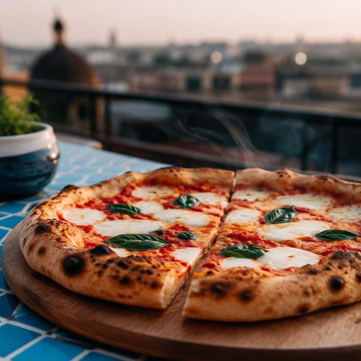 Wood fired Neapolitan pizza sliced on a table at Nouba Restaurant and Rooftop Lounge, C-Scheme Jaipur