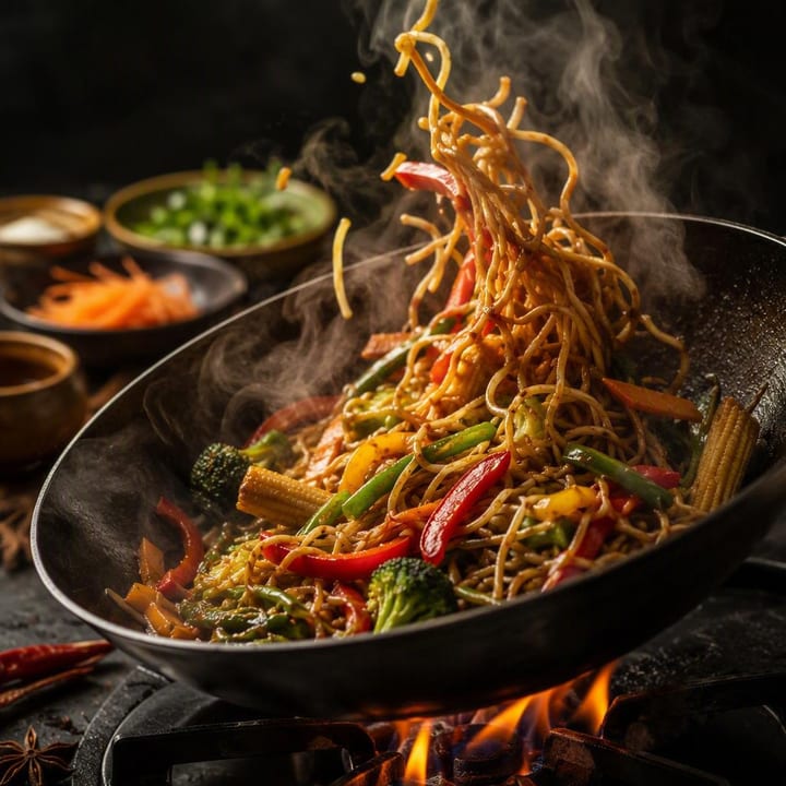 Steaming wok with vegetables and noodles at Nouba Restaurant and Rooftop Lounge, C-Scheme Jaipur