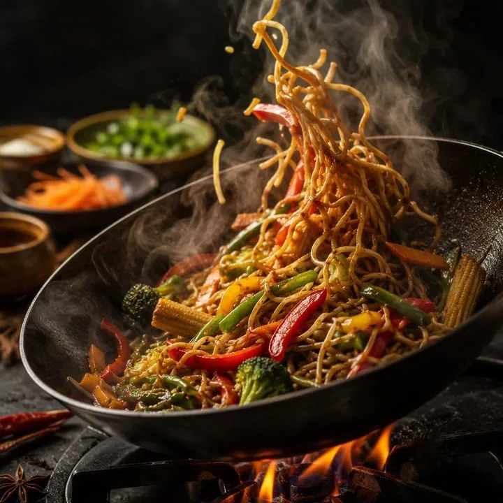 Steaming wok with vegetables and noodles at Nouba Restaurant and Rooftop Lounge, C-Scheme Jaipur