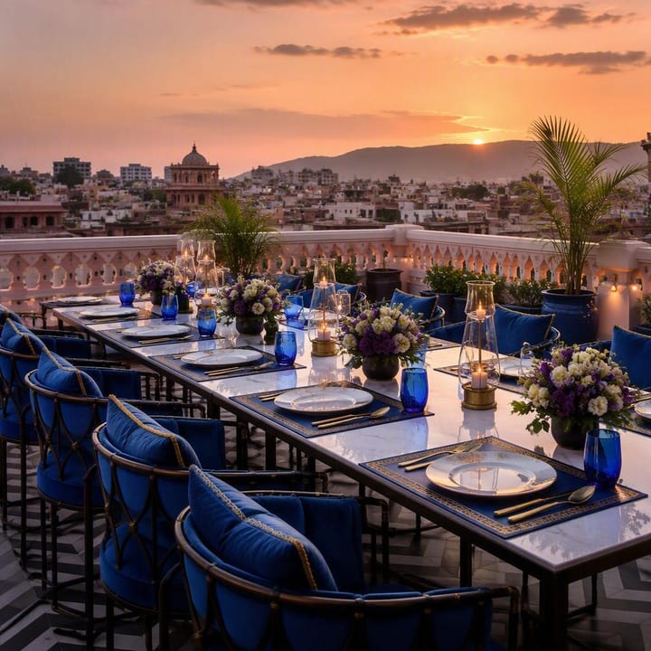 Rooftop tables set for a private group dinner with Jaipur skyline view at Nouba Restaurant and Rooftop Lounge, C-Scheme Jaipur