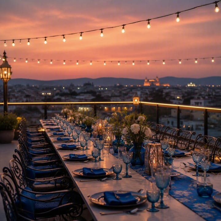 Rooftop tables set for a group birthday dinner with skyline view at Nouba Restaurant and Rooftop Lounge, C-Scheme Jaipur