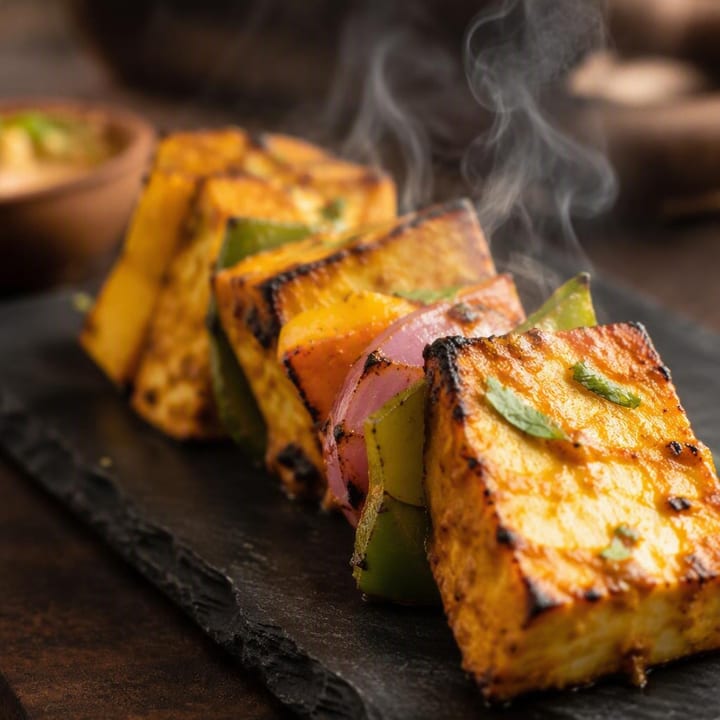 Close-up of assorted paneer starters on a platter with tandoor grill in background at Nouba Restaurant and Rooftop Lounge, C-Scheme Jaipur