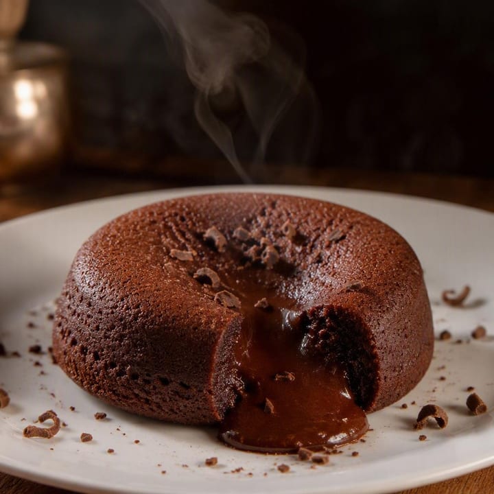 Warm chocolate lava cake cut open with flowing center on white plate at Nouba Restaurant and Rooftop Lounge, C-Scheme Jaipur