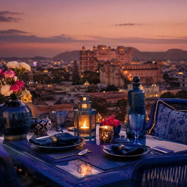 Rooftop table set for two with candlelight and Jaipur skyline view at Nouba Restaurant and Rooftop Lounge, C-Scheme Jaipur