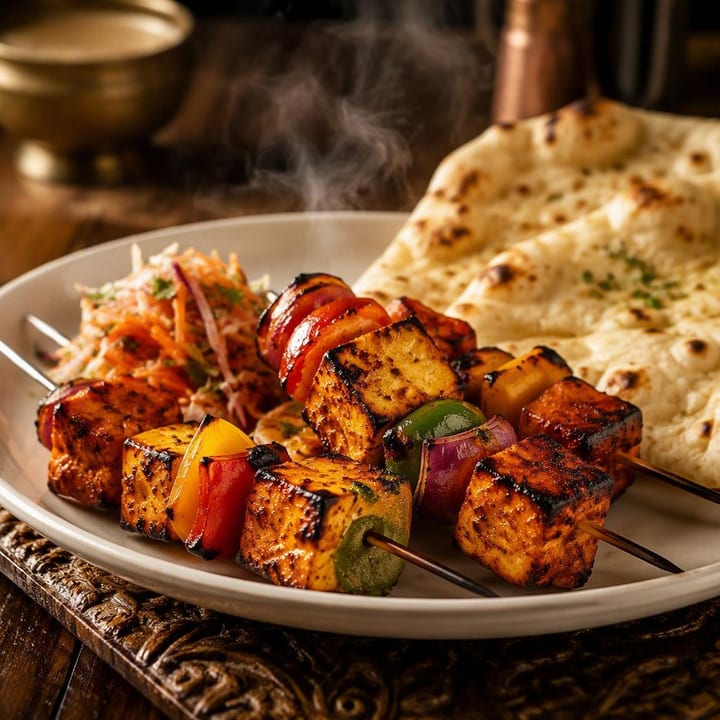 Vegetarian tandoor platter with naan on table at Nouba Restaurant and Rooftop Lounge, C-Scheme Jaipur