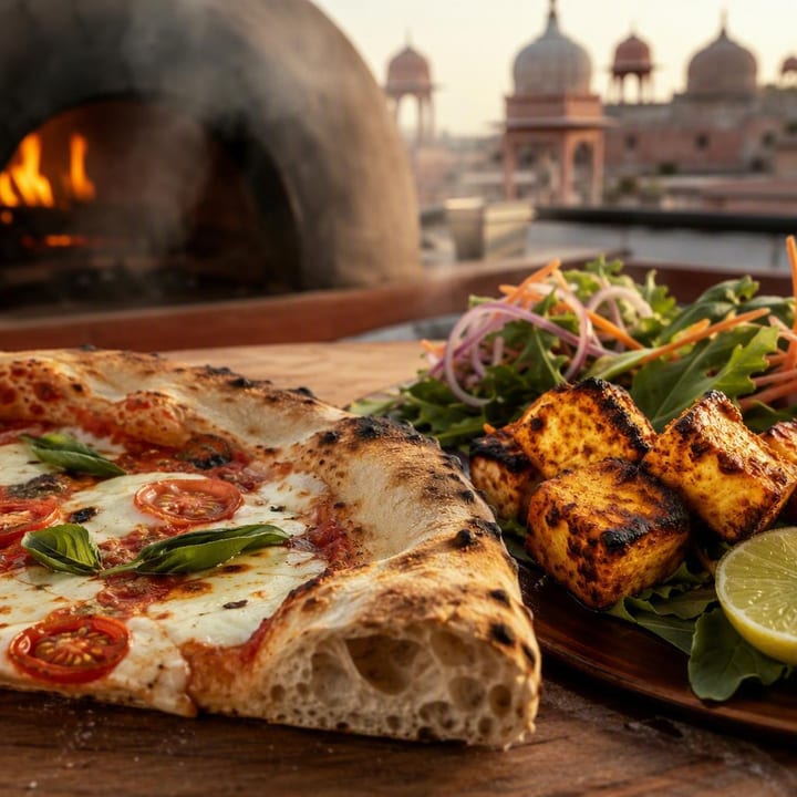 Wood fired pizza with vegetarian sides on table at Nouba Restaurant and Rooftop Lounge, C-Scheme Jaipur