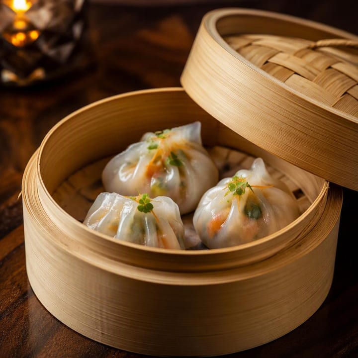 Steamer basket with steamed dim sum parcels on a table at Nouba Restaurant and Rooftop Lounge, C-Scheme Jaipur