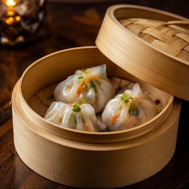 Steamer basket with steamed dim sum parcels on a table at Nouba Restaurant and Rooftop Lounge, C-Scheme Jaipur