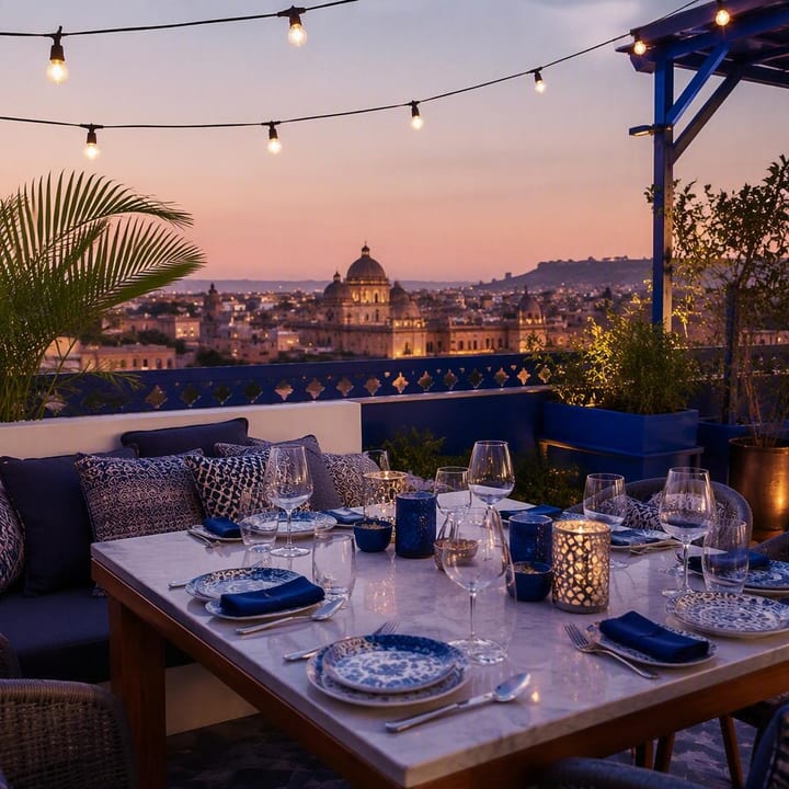 Rooftop table setup with skyline view and dim lighting at Nouba Restaurant and Rooftop Lounge, C-Scheme Jaipur