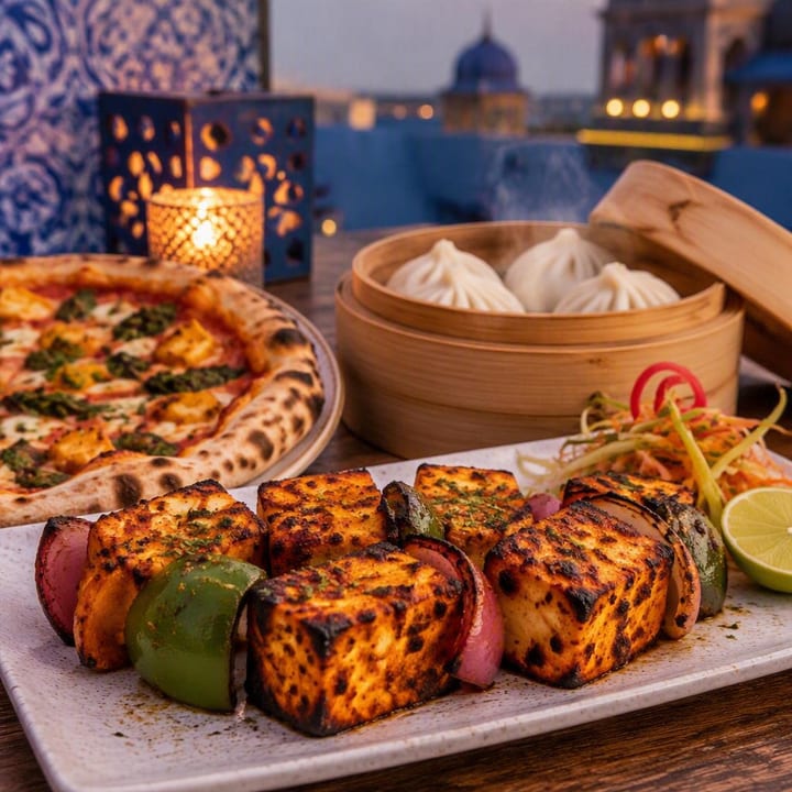 Plate of paneer starters with pizza slice and dim sum beside skyline view at Nouba Restaurant and Rooftop Lounge, C-Scheme Jaipur