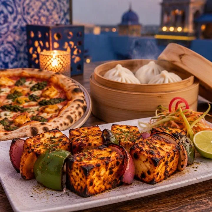 Plate of paneer starters with pizza slice and dim sum beside skyline view at Nouba Restaurant and Rooftop Lounge, C-Scheme Jaipur
