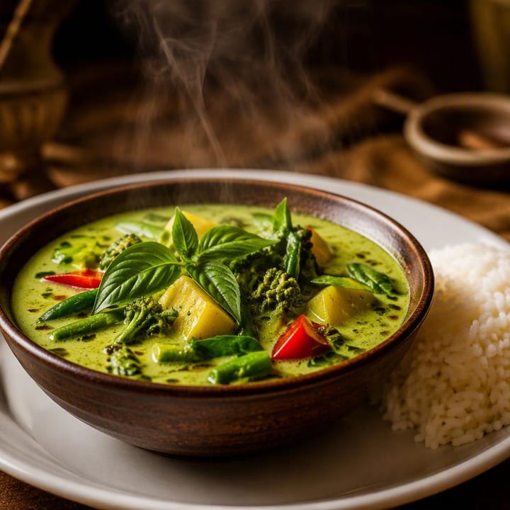 Steaming bowl of green Thai curry with vegetables and rice at Nouba Restaurant and Rooftop Lounge, C-Scheme Jaipur