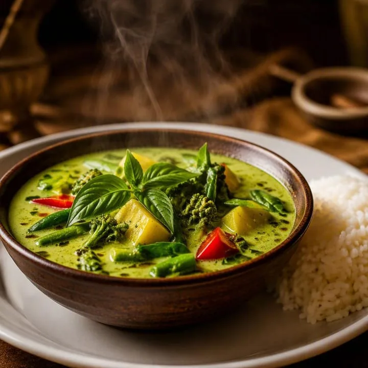 Steaming bowl of green Thai curry with vegetables and rice at Nouba Restaurant and Rooftop Lounge, C-Scheme Jaipur