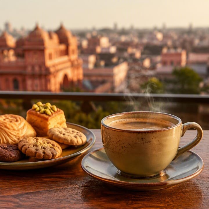 Cup of coffee with afternoon snack plate on table at Nouba Restaurant and Rooftop Lounge, C-Scheme Jaipur
