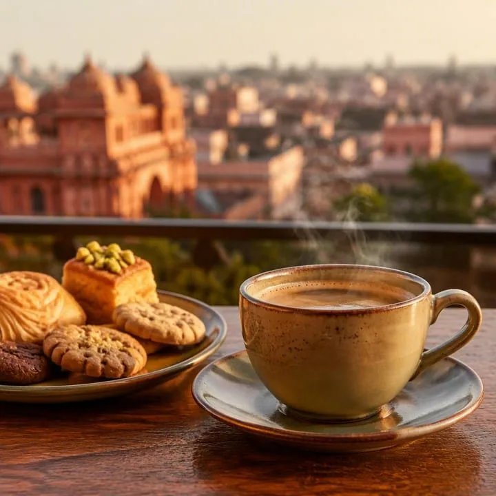 Cup of coffee with afternoon snack plate on table at Nouba Restaurant and Rooftop Lounge, C-Scheme Jaipur