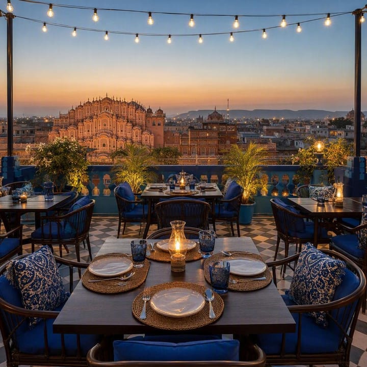 Electric blue rooftop tables with Jaipur skyline view at sunset at Nouba Restaurant and Rooftop Lounge, C-Scheme Jaipur