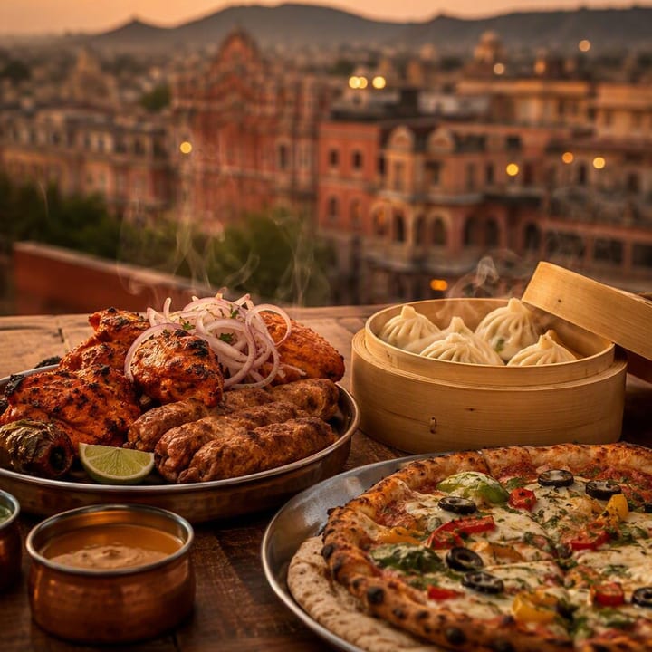Family dinner table with shared plates from three kitchens at Nouba Restaurant and Rooftop Lounge, C-Scheme Jaipur