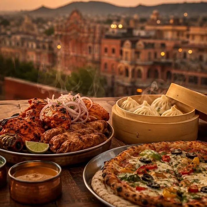 Family dinner table with shared plates from three kitchens at Nouba Restaurant and Rooftop Lounge, C-Scheme Jaipur