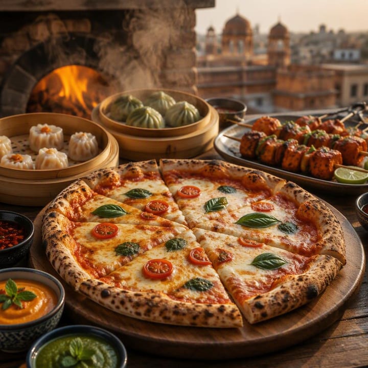 Wood fired Neapolitan pizza on table with dim sum and tandoor plates at Nouba Restaurant and Rooftop Lounge, C-Scheme Jaipur