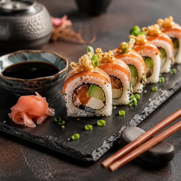 Sushi rolls on a plate with chopsticks at Nouba Restaurant and Rooftop Lounge, C-Scheme Jaipur