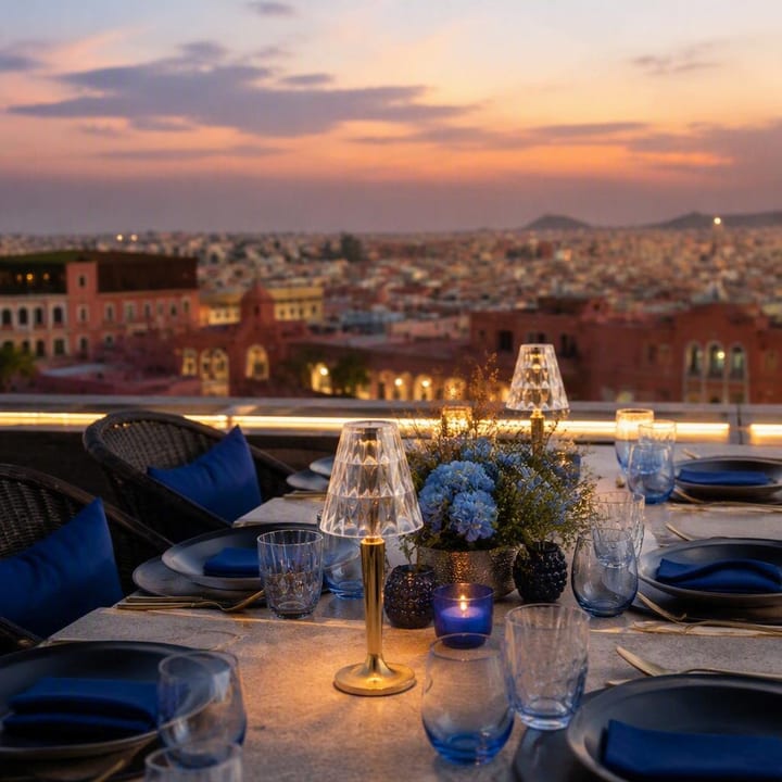 Rooftop table setup for private group dining with skyline view at Nouba Restaurant and Rooftop Lounge, C-Scheme Jaipur