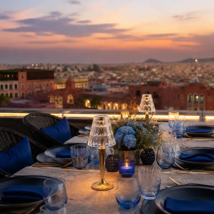 Rooftop table setup for private group dining with skyline view at Nouba Restaurant and Rooftop Lounge, C-Scheme Jaipur