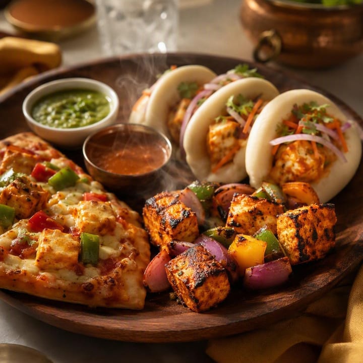 assortment of paneer dishes from three kitchens on sharing plate at Nouba Restaurant and Rooftop Lounge, C-Scheme Jaipur