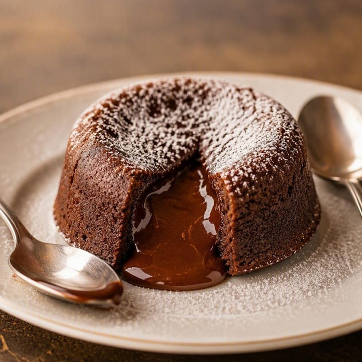 Close-up of chocolate lava cake cut open with flowing center on a sharing plate at Nouba Restaurant and Rooftop Lounge, C-Scheme Jaipur