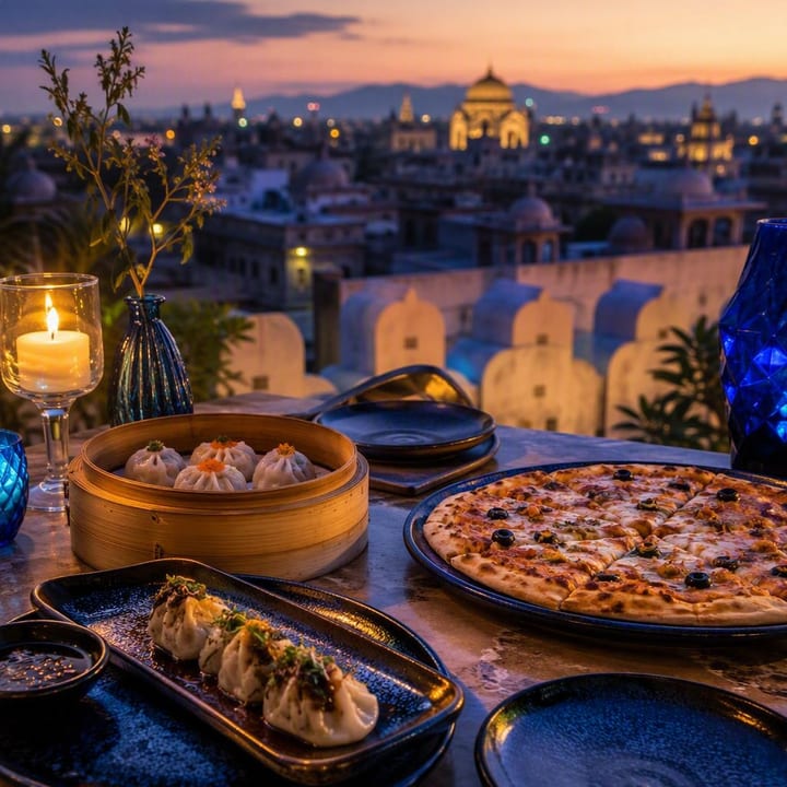 Rooftop table set for anniversary dinner with candlelight and skyline view at Nouba Restaurant and Rooftop Lounge, C-Scheme Jaipur