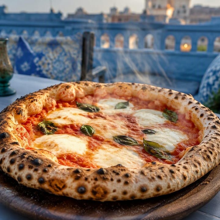 Neapolitan wood fired pizza on a wooden board with fresh toppings at Nouba Restaurant and Rooftop Lounge, C-Scheme Jaipur