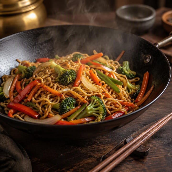 Steaming wok dish with vegetables and sauce served on a plate at Nouba Restaurant and Rooftop Lounge, C-Scheme Jaipur