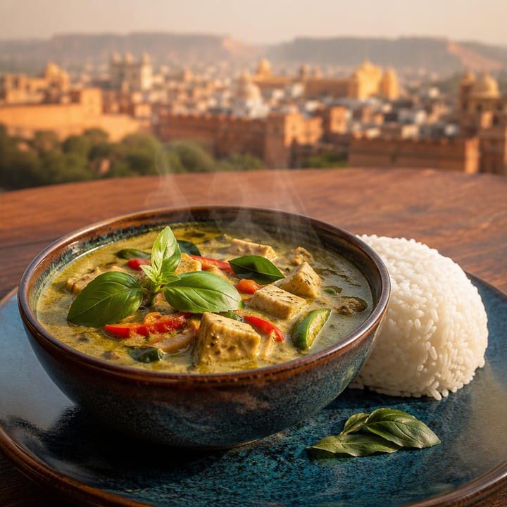 Steaming bowl of green Thai curry with vegetables and rice at Nouba Restaurant and Rooftop Lounge, C-Scheme Jaipur