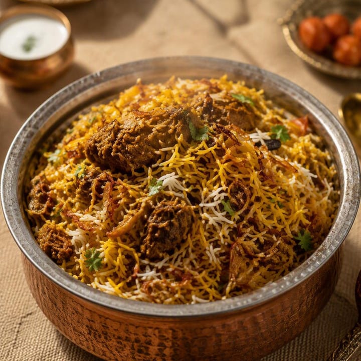 Steaming plate of layered biryani with saffron rice and meat at Nouba Restaurant and Rooftop Lounge, C-Scheme Jaipur