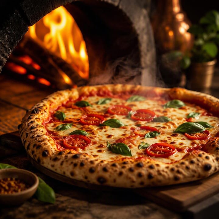 Wood fired oven with Neapolitan pizza emerging at Nouba Restaurant and Rooftop Lounge, C-Scheme Jaipur