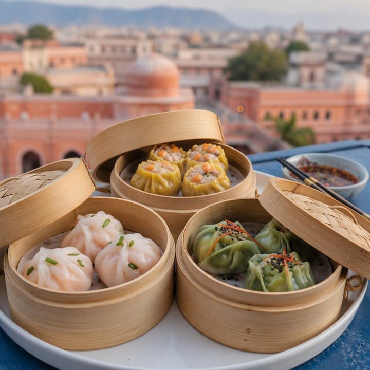 Steamer baskets of dim sum on a sharing plate with chopsticks at Nouba Restaurant and Rooftop Lounge, C-Scheme Jaipur