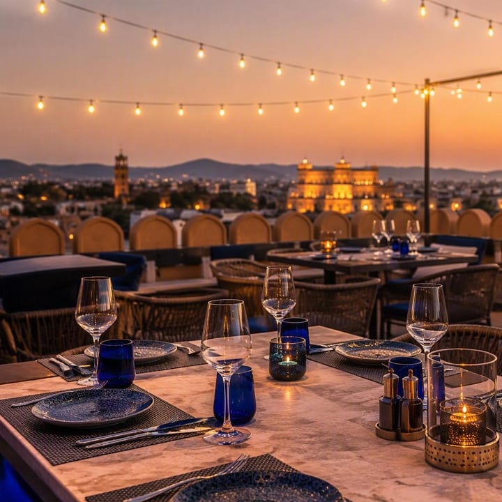 Rooftop table setup with skyline view at Nouba Restaurant and Rooftop Lounge, C-Scheme Jaipur