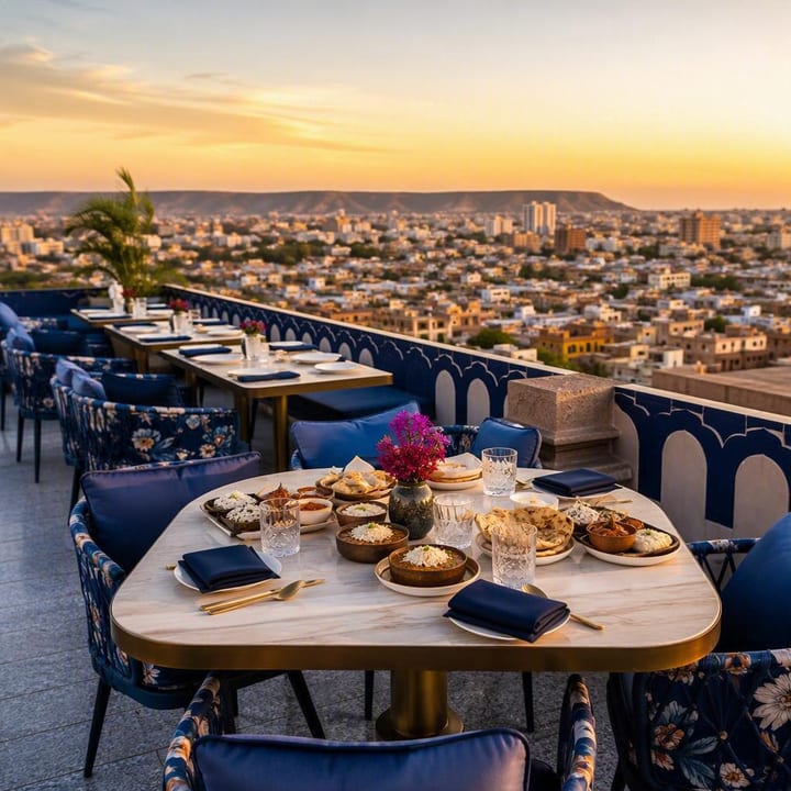 Rooftop tables with Jaipur skyline view at sunset at Nouba Restaurant and Rooftop Lounge, C-Scheme Jaipur