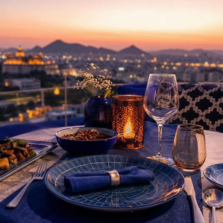 Rooftop table setup with Jaipur skyline view at Nouba Restaurant and Rooftop Lounge, C-Scheme Jaipur