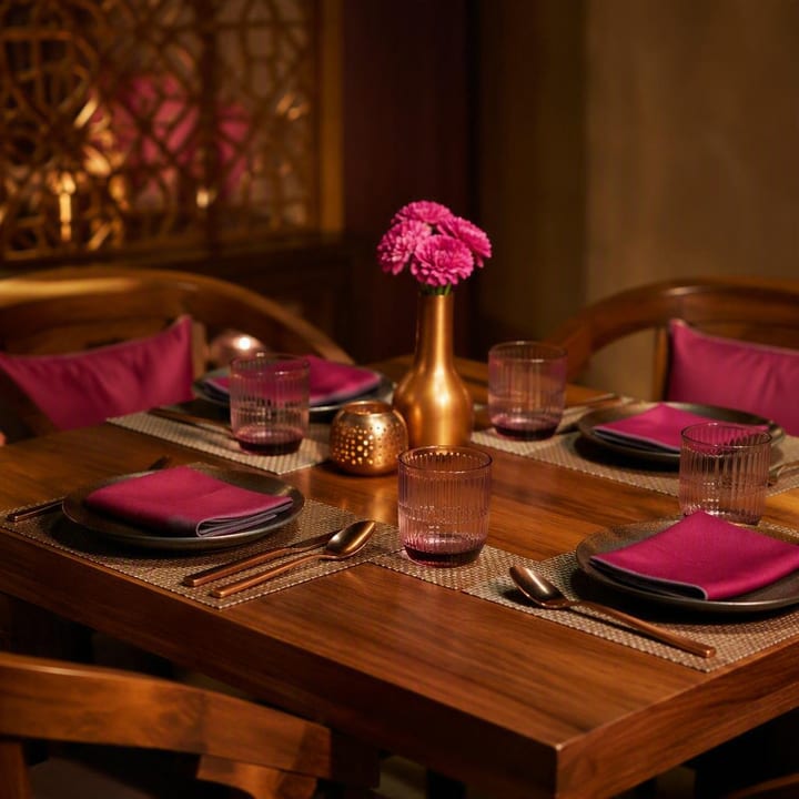 Brown and magenta decor in the indoor 3rd floor dining room at Nouba Restaurant and Rooftop Lounge, C-Scheme Jaipur
