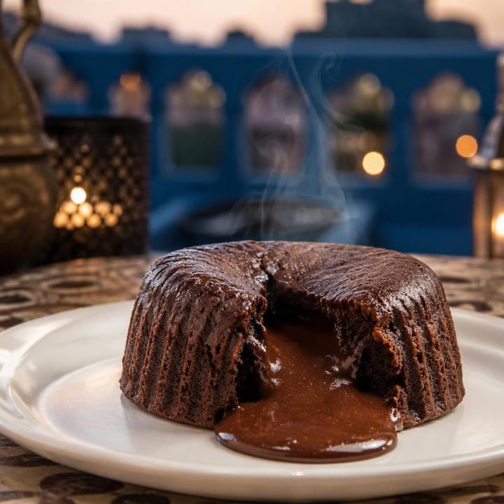 Close-up of warm chocolate lava cake with flowing center on a plate at Nouba Restaurant and Rooftop Lounge, C-Scheme Jaipur