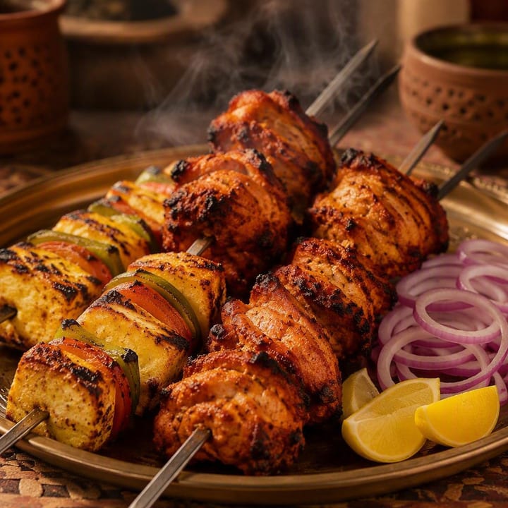 Tandoori grill skewers on a platter with smoke rising at Nouba Restaurant and Rooftop Lounge, C-Scheme Jaipur
