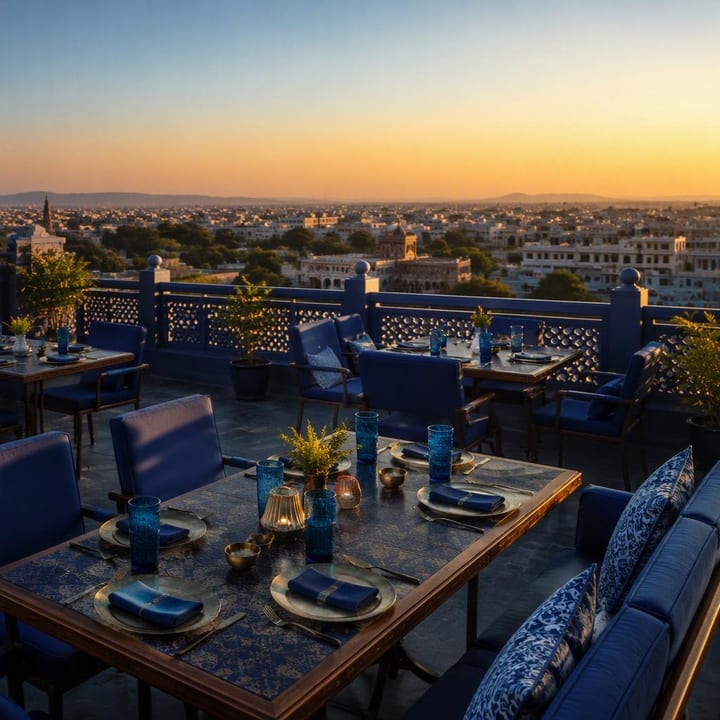 Rooftop tables with Jaipur skyline view at sunset at Nouba Restaurant and Rooftop Lounge, C-Scheme Jaipur