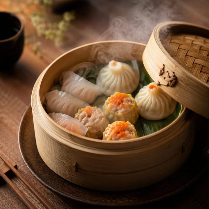 Steamer basket of dim sum pieces on a table at Nouba Restaurant and Rooftop Lounge, C-Scheme Jaipur
