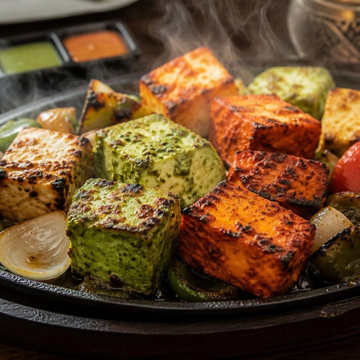 Plate of grilled paneer starters with marinade glaze at Nouba Restaurant and Rooftop Lounge, C-Scheme Jaipur